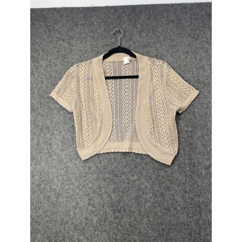 Sweet Kizz Women Beige Pointelle Knit Cropped Bolero Shrug Short Sleeve Small